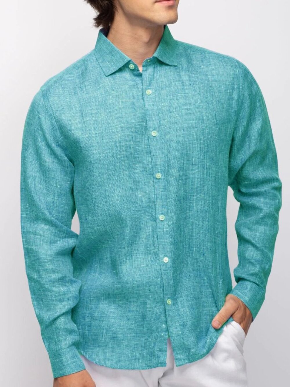 Stitch Note Turquoise European Linen Classic Long Sleeve Shirt/19389